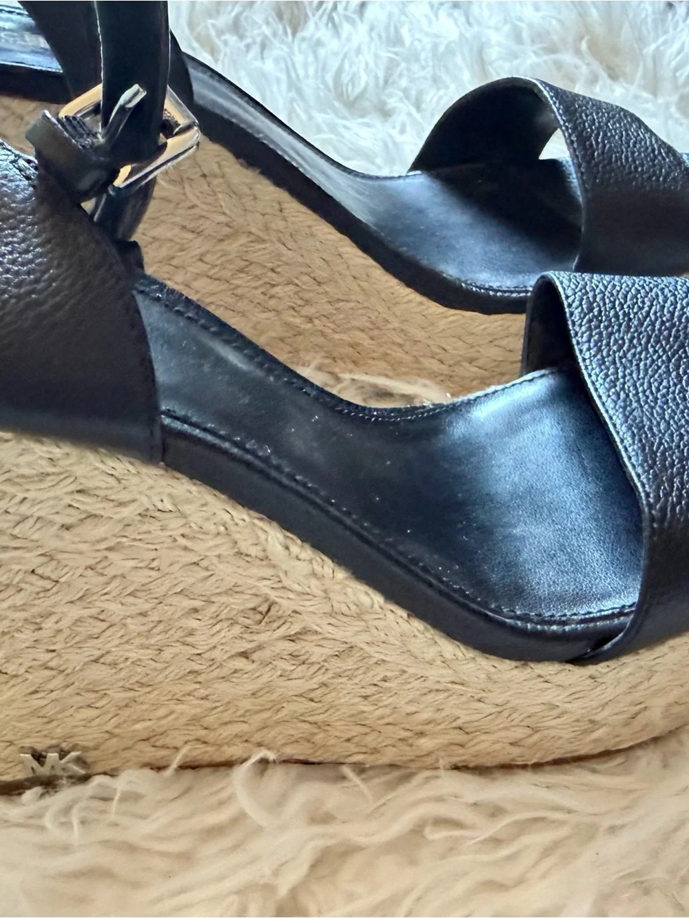 MICHAEL Michael Kors Black Leather Espadrille Wedge Sandals